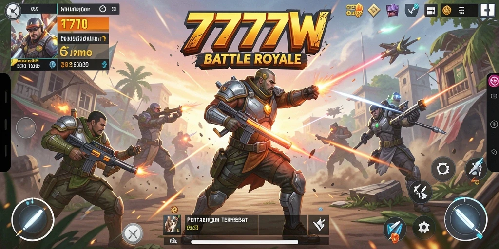 Tangkapan layar 7777W memperlihatkan aksi pertempuran seru di arena Battle Royale.