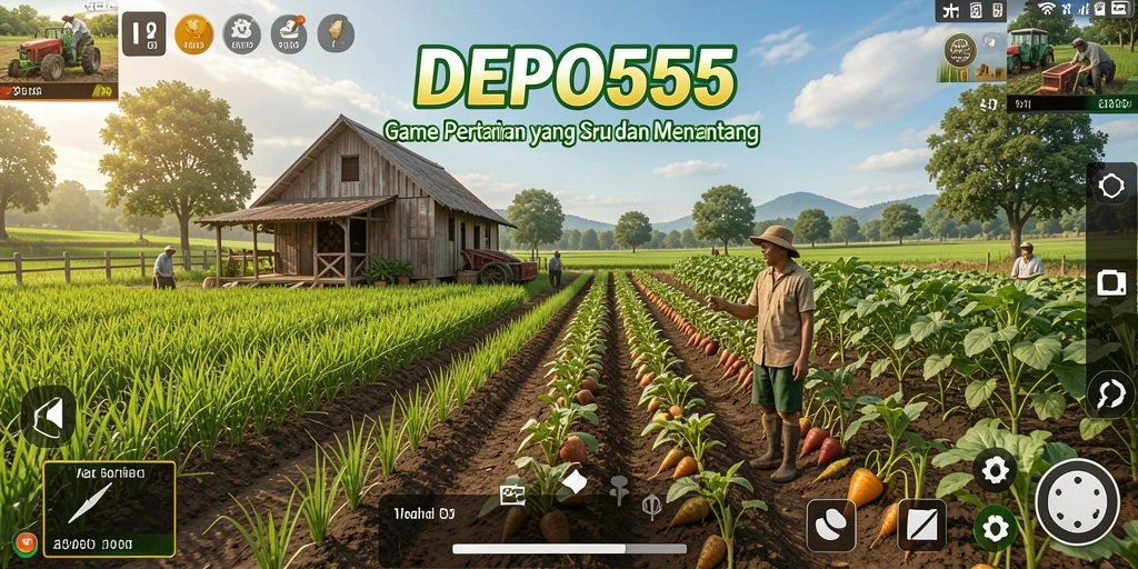 Tampilan gameplay DEPO555 yang menampilkan ladang penuh tanaman hijau.