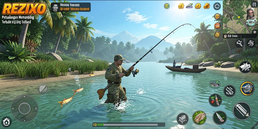 Screenshot utama REZIXO menampilkan momen seru saat memancing ikan.