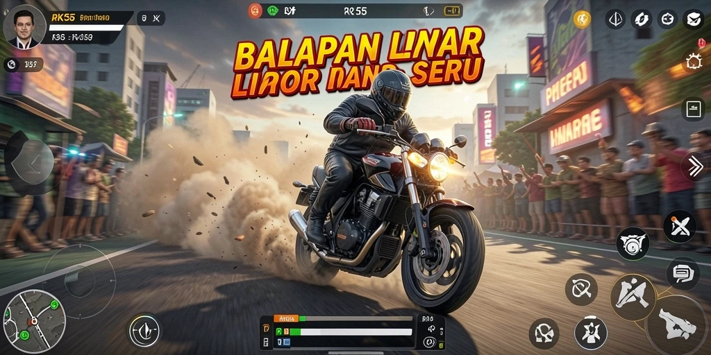 Screenshot gameplay RK55 yang menampilkan balapan motor seru.