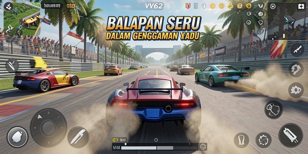 Tampilan utama gameplay VV62 dengan balapan yang seru dan cepat.