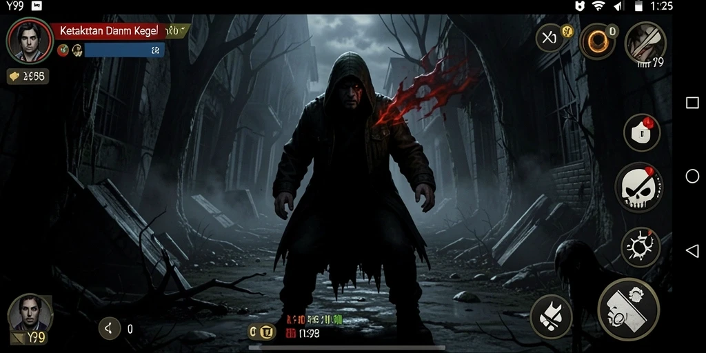 Screenshot gameplay Y89 yang penuh ketegangan dan kegelapan.